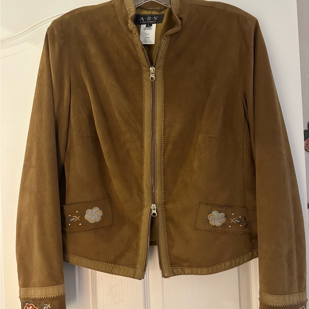 ABS By Allen Schwartz Tan faux suede jacket with Stand-Up Collar. Emb